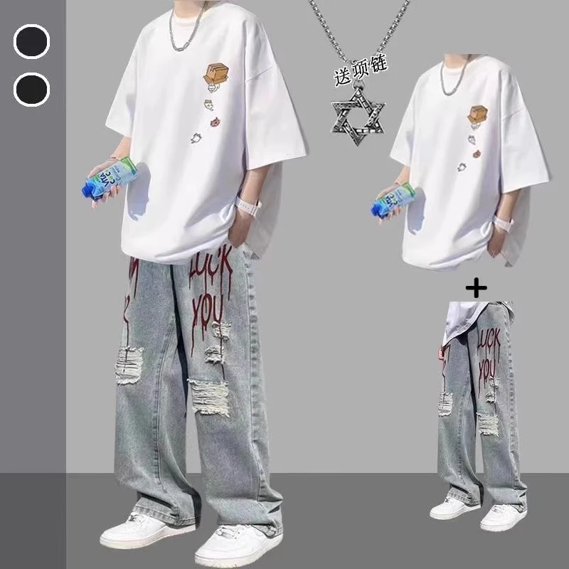 夏季套装混搭短袖T恤男生设计感痞帅一套搭配男装牛仔裤三件套