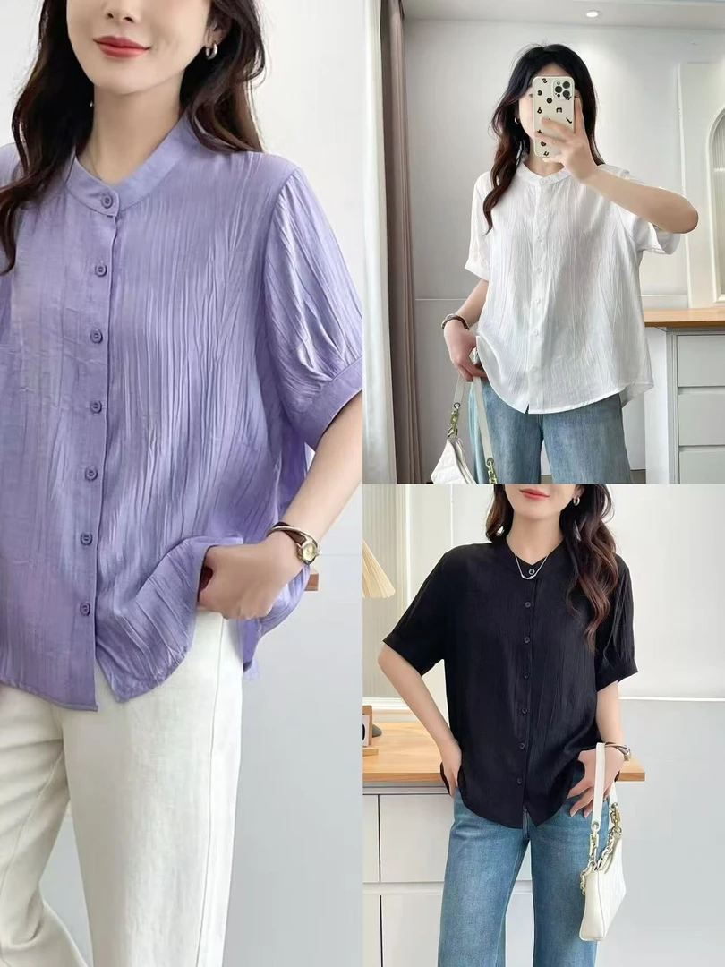 JUNJIE大码女装夏装2025新款气质减龄遮肚小衫立领薄款百搭上衣