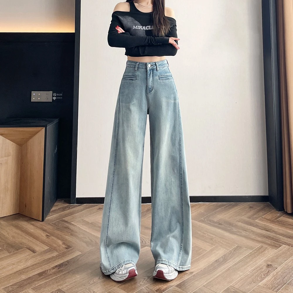 浅蓝高腰阔腿裤风长裤直版牛仔裤显瘦裤子春秋宽松夏季垂感