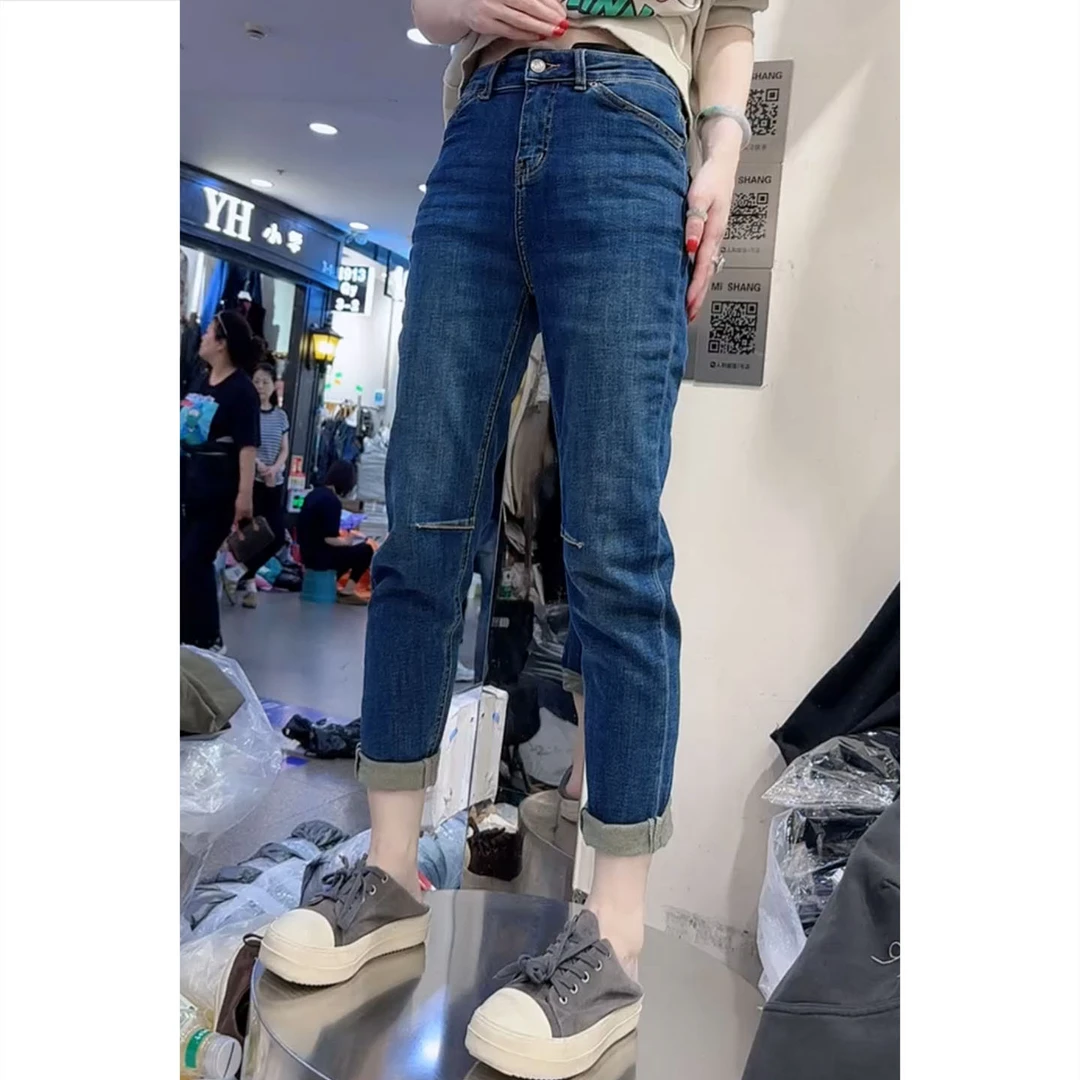 艾塔莉秋季高腰丹宁风牛仔裤窄版直筒裤烟管裤小个子卷边九分裤女