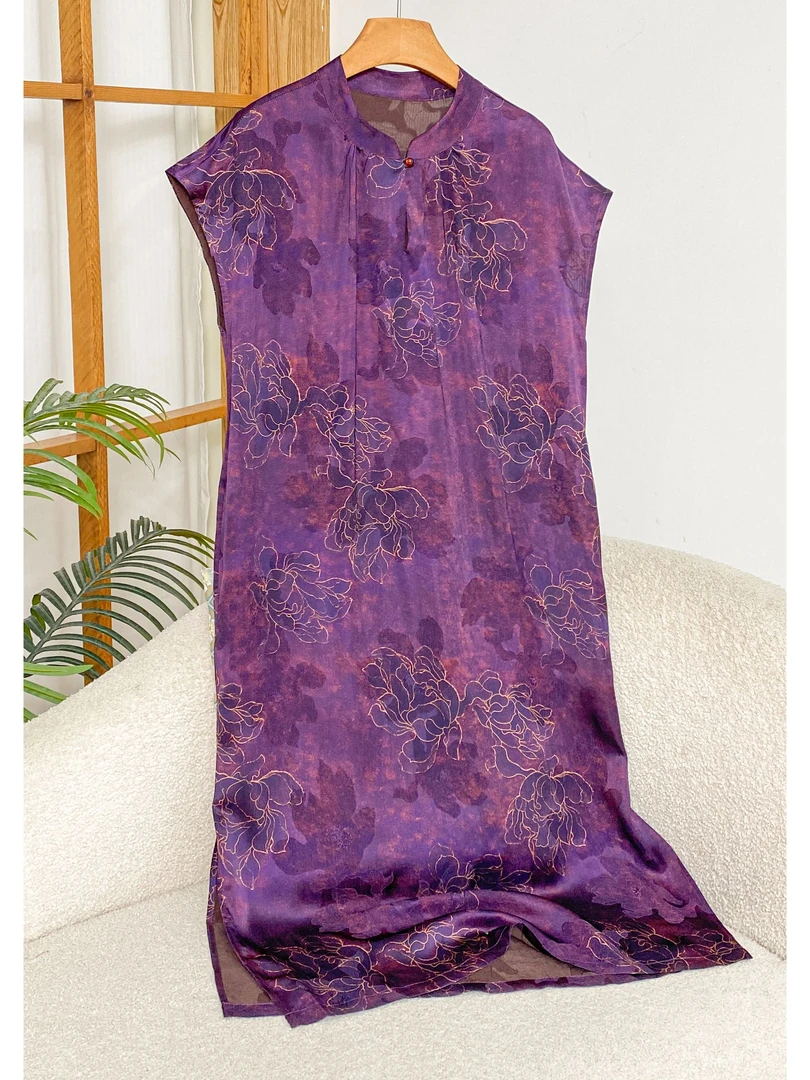 187 新中式国风紫色刻花飞袖连衣裙复古显瘦百搭长裙