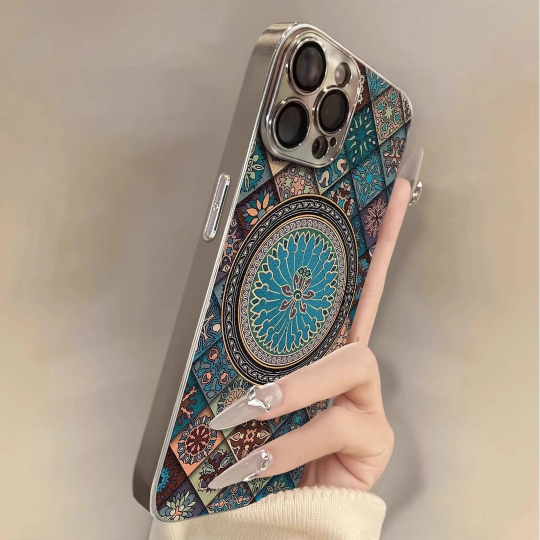 图腾蓝莲花适用iPhone 17pro苹果16promax手机壳15pm带手链保护壳