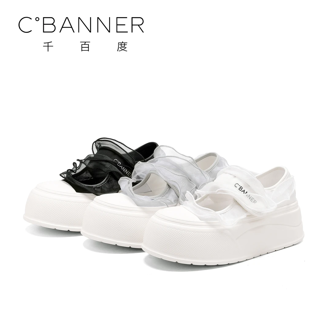 C.BANNER/千百度厚底休闲鞋2025新款百搭魔术贴松糕网纱玛丽珍鞋