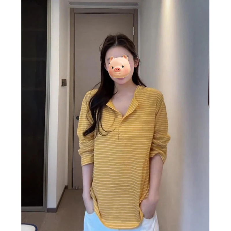 多巴胺穿搭橘色条纹冰丝长袖T恤女夏季薄款外搭防晒衣空调衫上衣