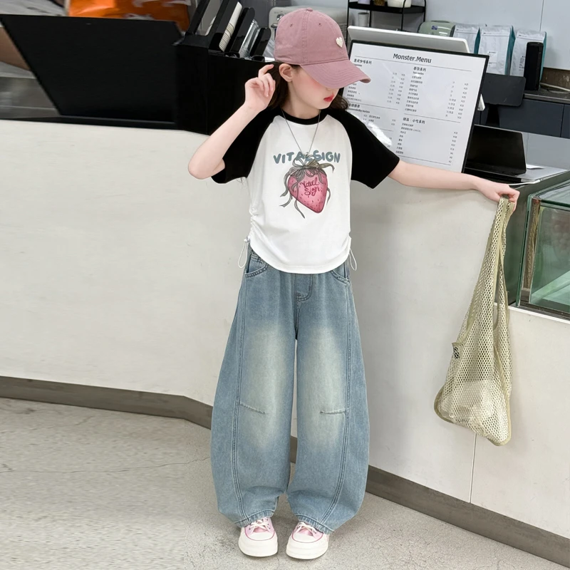 女童夏季短袖长裤套装2025新款儿童洋气韩版宽松休闲两件套中大童