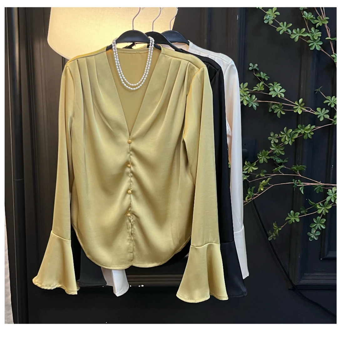 夏季宽松纯色显瘦气质时尚百搭法式小众褶皱设计感衬衫法式上衣