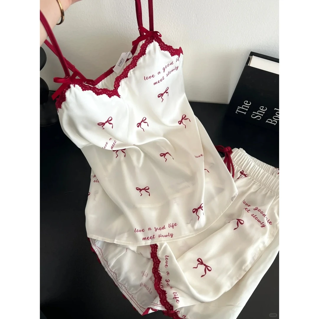 小清新红色蝴蝶结蕾丝带胸垫冰丝吊带睡衣女夏季新款套装家居服夏