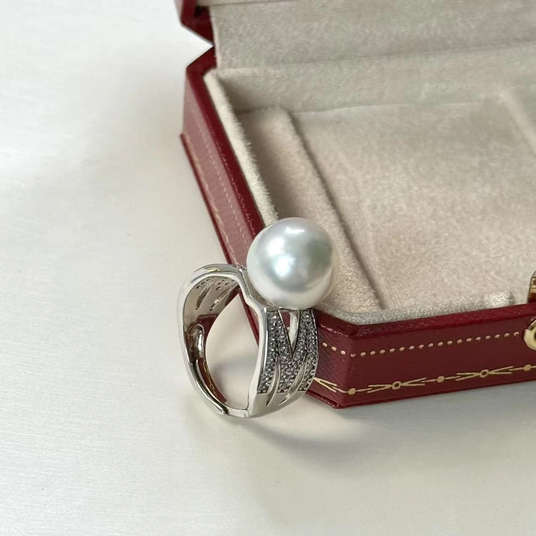 设计师款M字冷光海水澳白珍珠戒指可调节S925银冷光带证书天然色