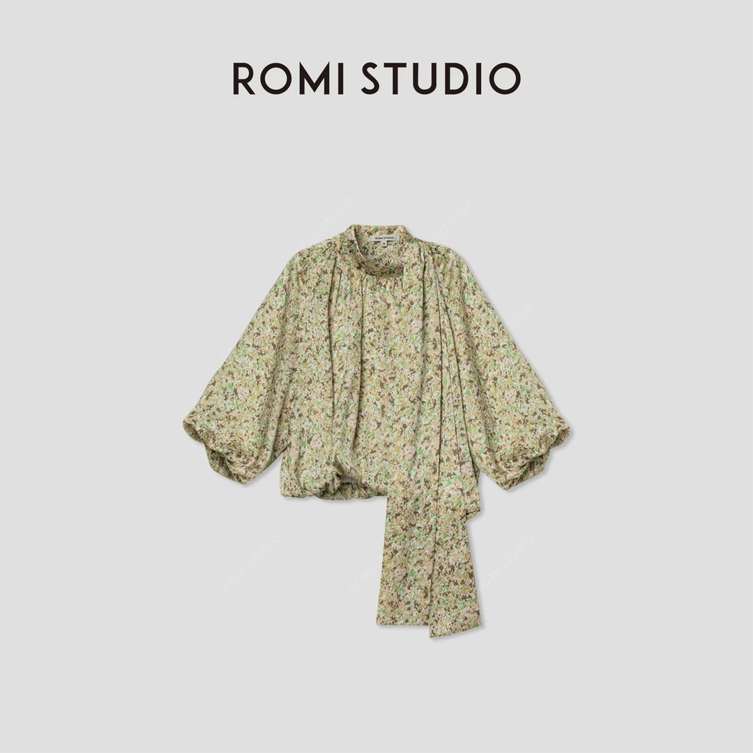 ROMI STUDIO“法式复古”复古优雅气质宽松系带碎花花色衬衣T2713