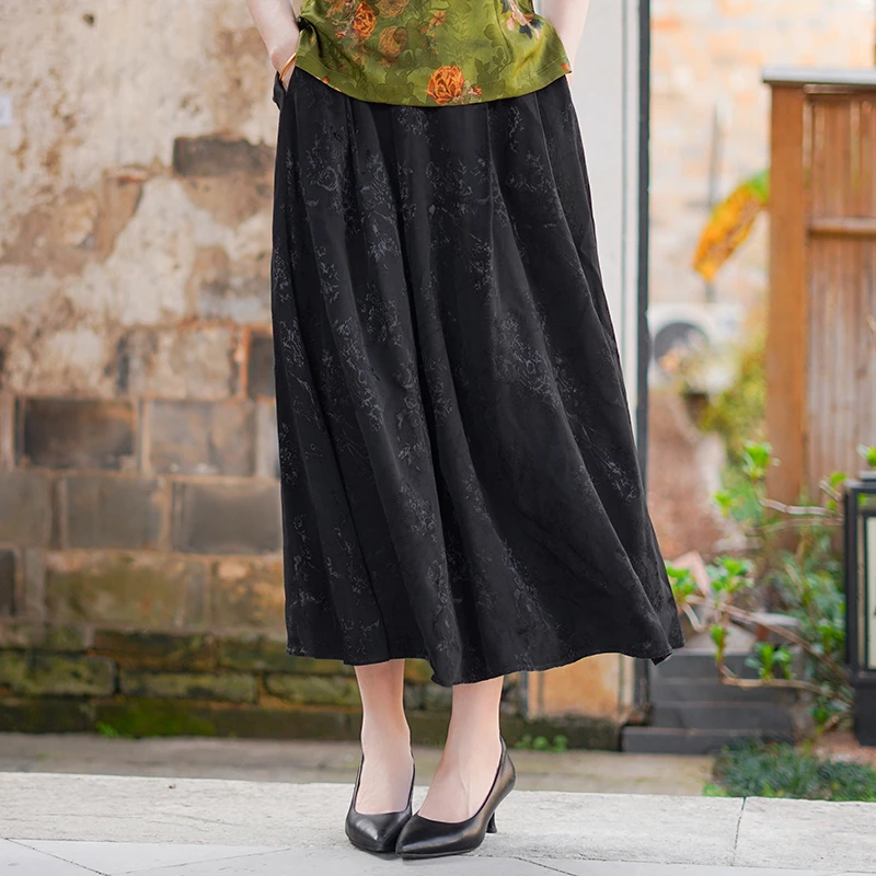 筠雅夏季新款中国风半身裙女黑色新中式修身款百搭长款裙子25R531