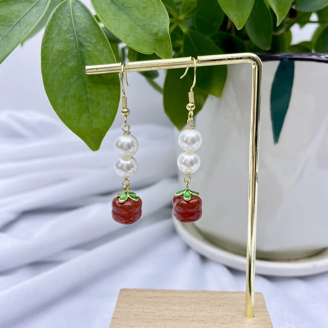 天然红玛瑙柿子如意耳坠女款蛇年新年玉石耳环百搭复古新中式