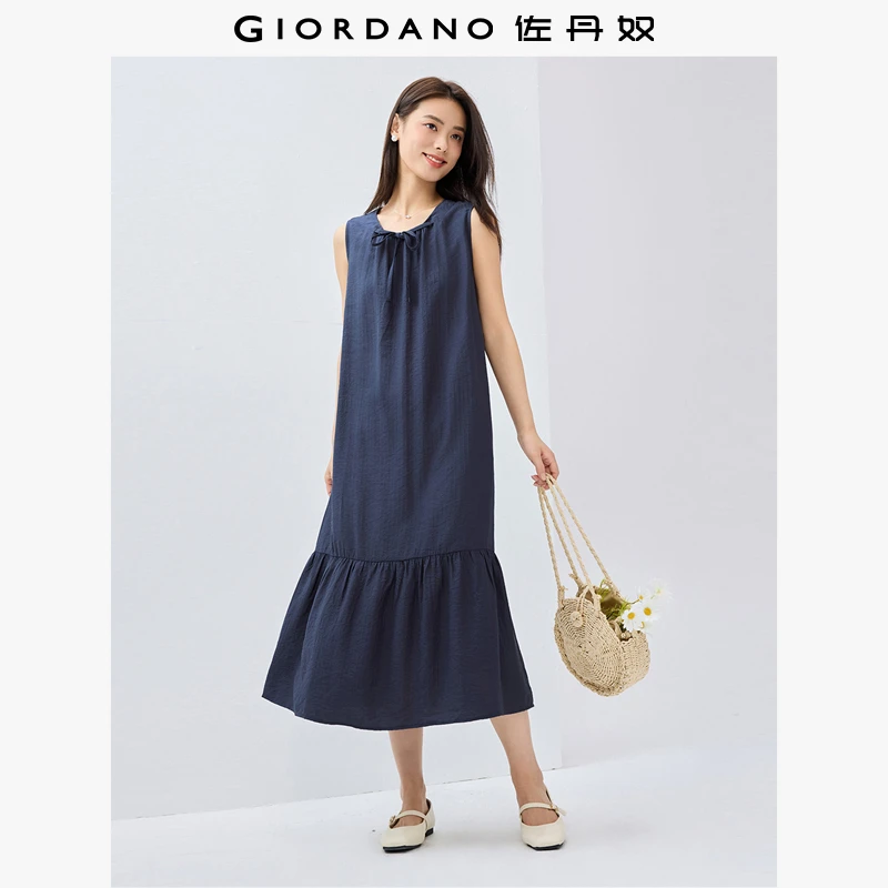 佐丹奴裙子女装绑带圆领荷叶边下摆梭织背心连衣裙 05465083