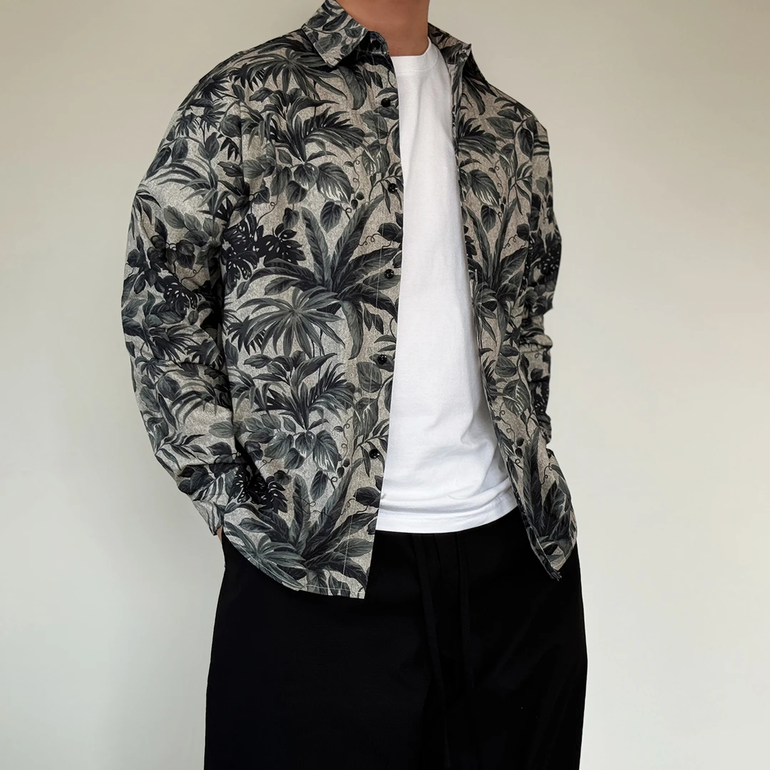 陆星家【椰林】秋季设计感复古棉衬衫印花长袖港风男士小众宽松C271