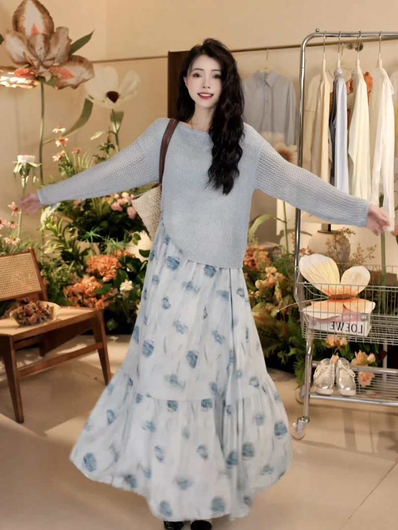 韩系蓝色碎花半身裙长袖针织衫女早春2025减龄长裙套装820/821