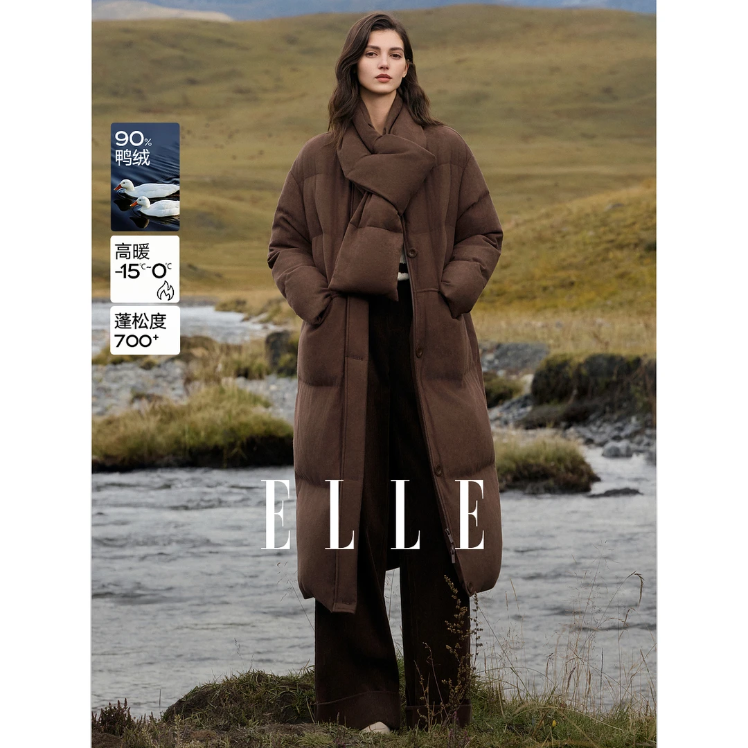 ELLE女装90白鸭绒围巾羽绒服2025冬季新款保暖通勤外套EY53234