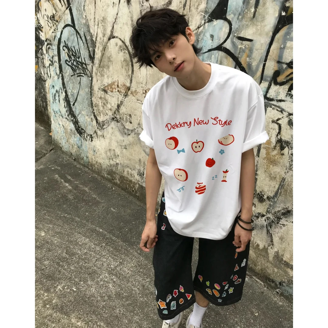 100%纯棉美式潮牌苹果字母印花短袖t恤男女夏季百搭休闲情侣上衣