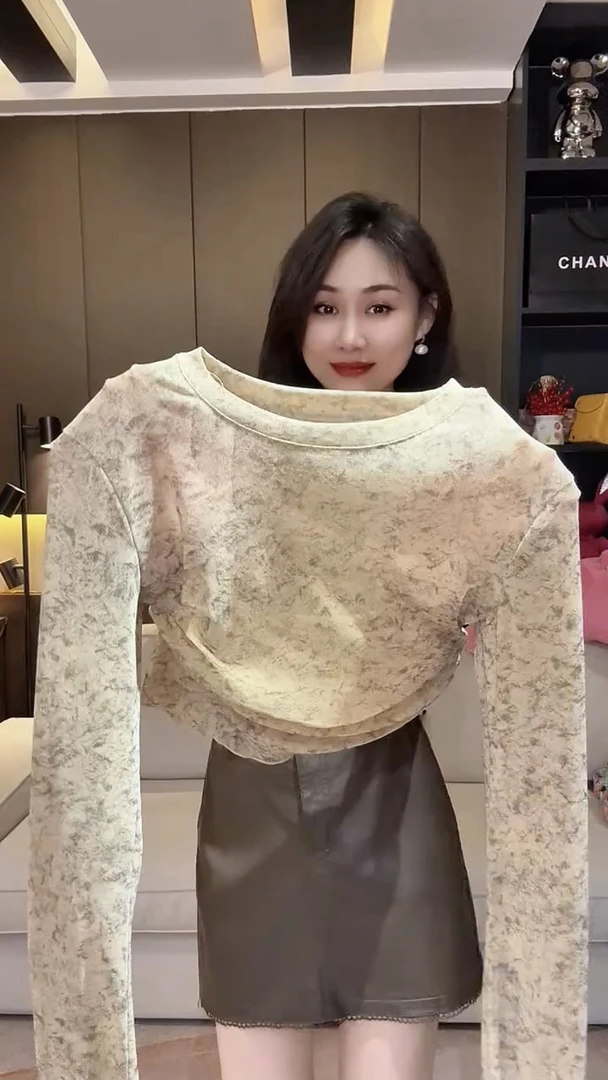 2025秋季新款时尚百搭显瘦长袖下摆不规则T恤上衣潮休闲