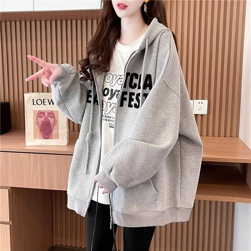 早秋中长款大码女装胖mm休闲拉链外套女春秋季爆款学生百搭连帽衫