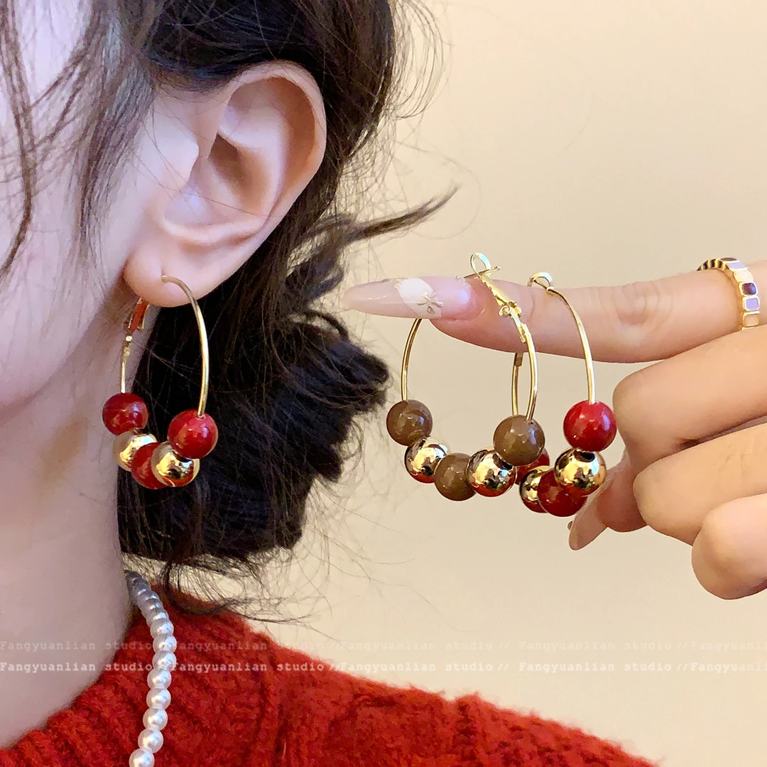 铜合金耳饰 复古圣诞串珠耳圈耳环女高级感耳钉秋冬氛围感耳饰