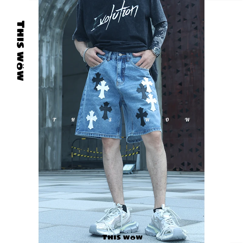 THIS WOW克罗水洗拉链撞色直筒裤潮流牛仔裤子港风高街短裤