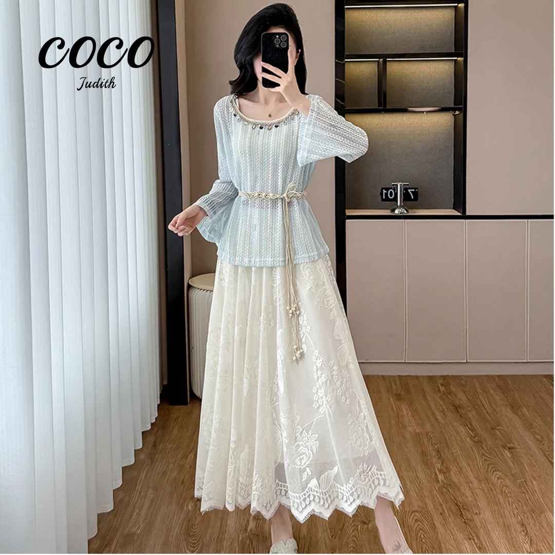 【RG5882】2025年新款蕾丝显瘦气质长袖时尚复古法式拼接轻奢套装女