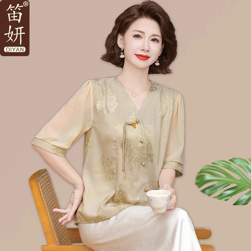 妈妈夏装国风雪纺上衣洋气阔太太中老年女装夏季套装时尚短袖T恤