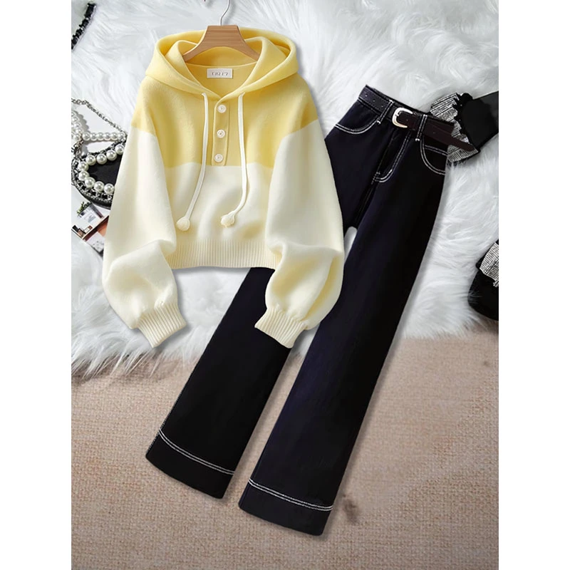 韩式撞色柠檬黄白色毛衣女2025早春新款小个子黑色牛仔裤两件套装