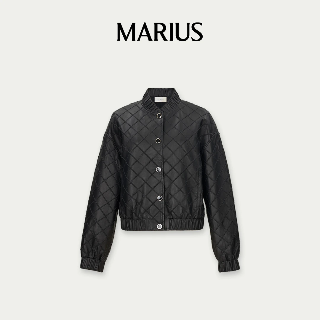 MARIUS“加布里埃精英版”刺绣菱格纹短款立领皮衣长袖夹克