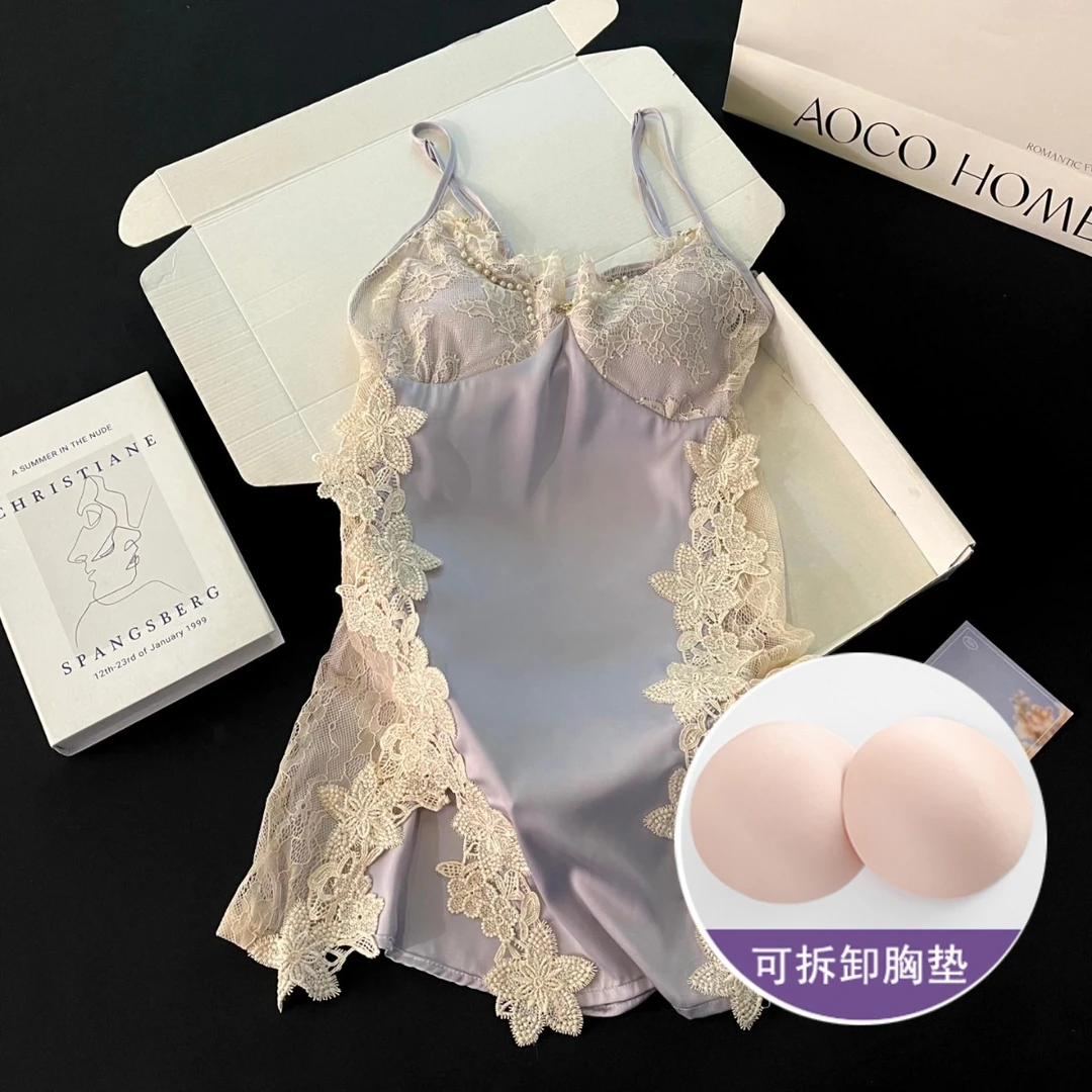 冰丝吊带睡衣女士夏季凉感大码带胸垫性感紫色蕾丝情趣睡裙家居服