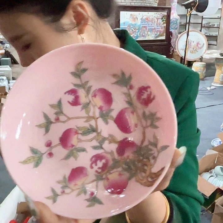 摆件景德镇高温陶瓷三多图碟子红希希