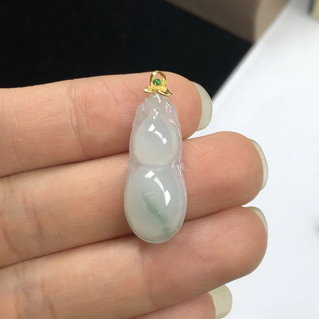 天然缅甸A货翡翠 冰飘花葫芦吊坠 18K金镶嵌精美挂坠