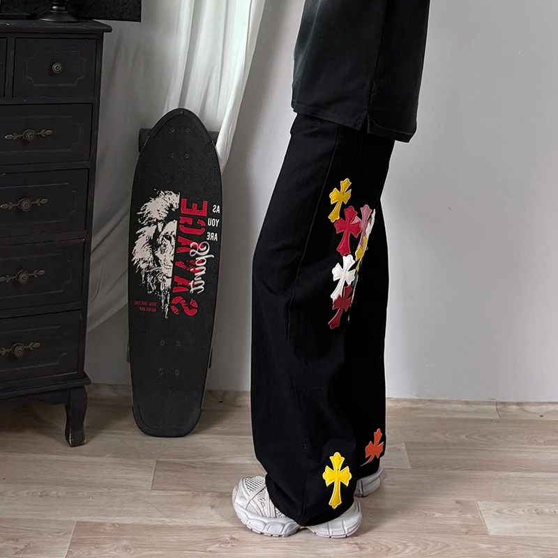 男装夏阔腿裤宽松民族风牛仔裤裤子复古长裤水洗做旧拼皮休闲时尚