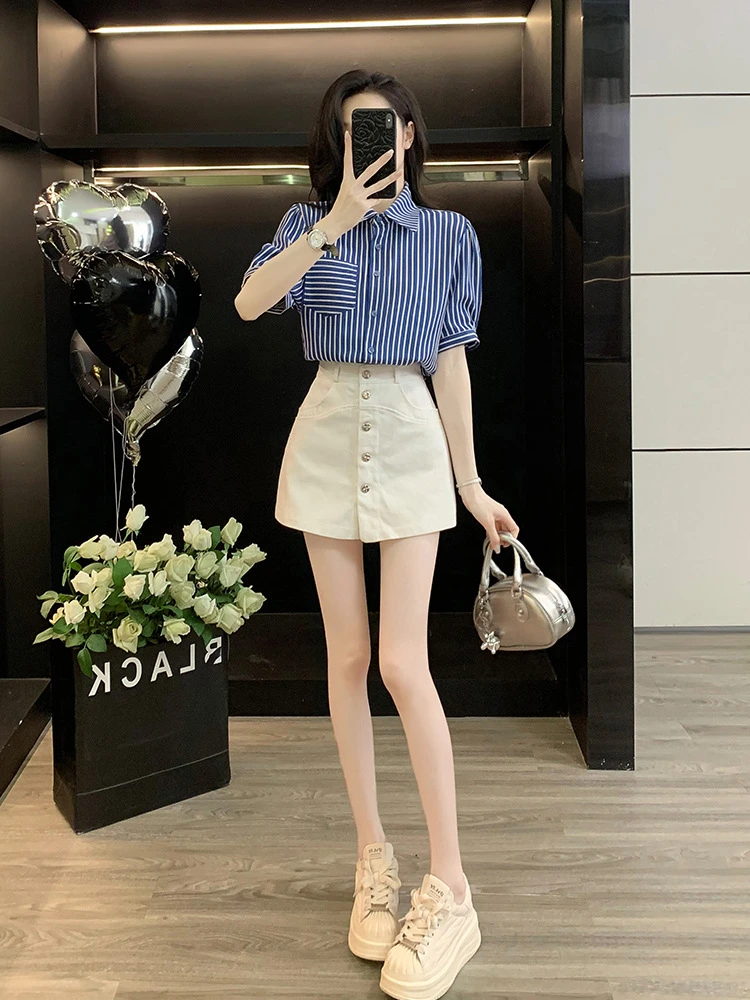 条纹衬衫女短袖套装极简风夏新款宽松休闲百搭上衣牛仔裙裤两件套