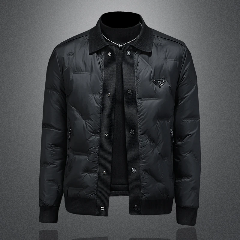 轻奢欧货潮流针织翻领加厚男士羽绒服冬季新款修身短款保暖外套男