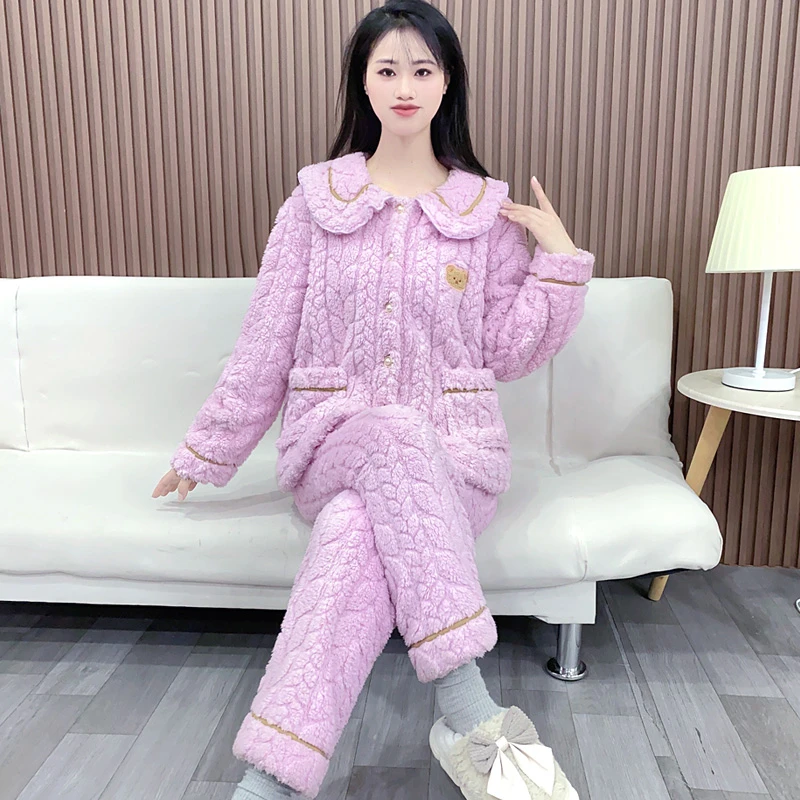 秋冬款睡衣女法兰绒保暖加绒加厚大码可外穿长袖长裤家居服Y91