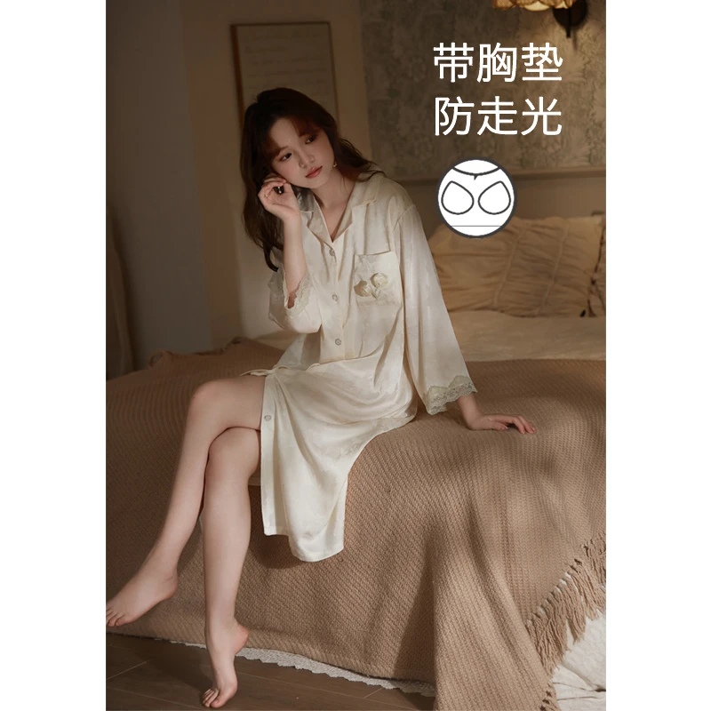 思莉太太【云中谁忆】带胸垫睡裙女春秋款纯欲蕾丝中长款冰丝睡衣裙