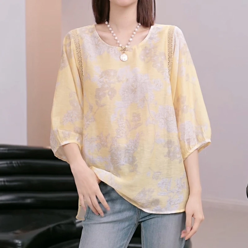 高贵阔太太气质减龄碎花五分袖衬衫女士夏季2025新款洋气圆领上衣