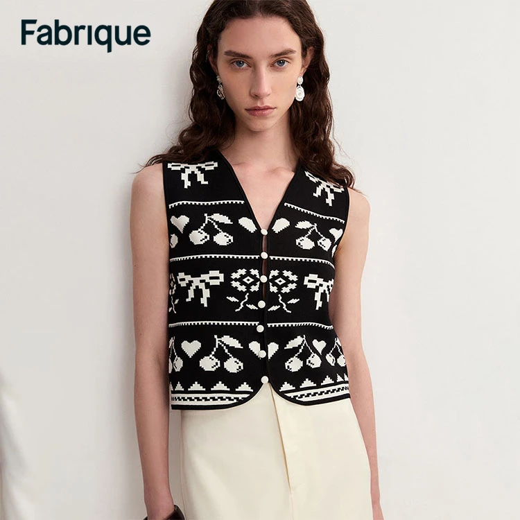 Fabrique【波嬉风】夏新款樱桃蝴蝶结提花短款V领无袖针织背心马甲