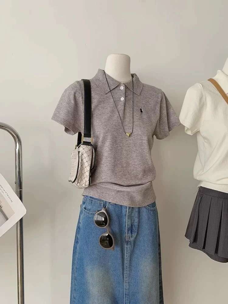 2025春夏新款韩系polo领小马刺绣软糯正肩针织衫女短袖宽松上衣春