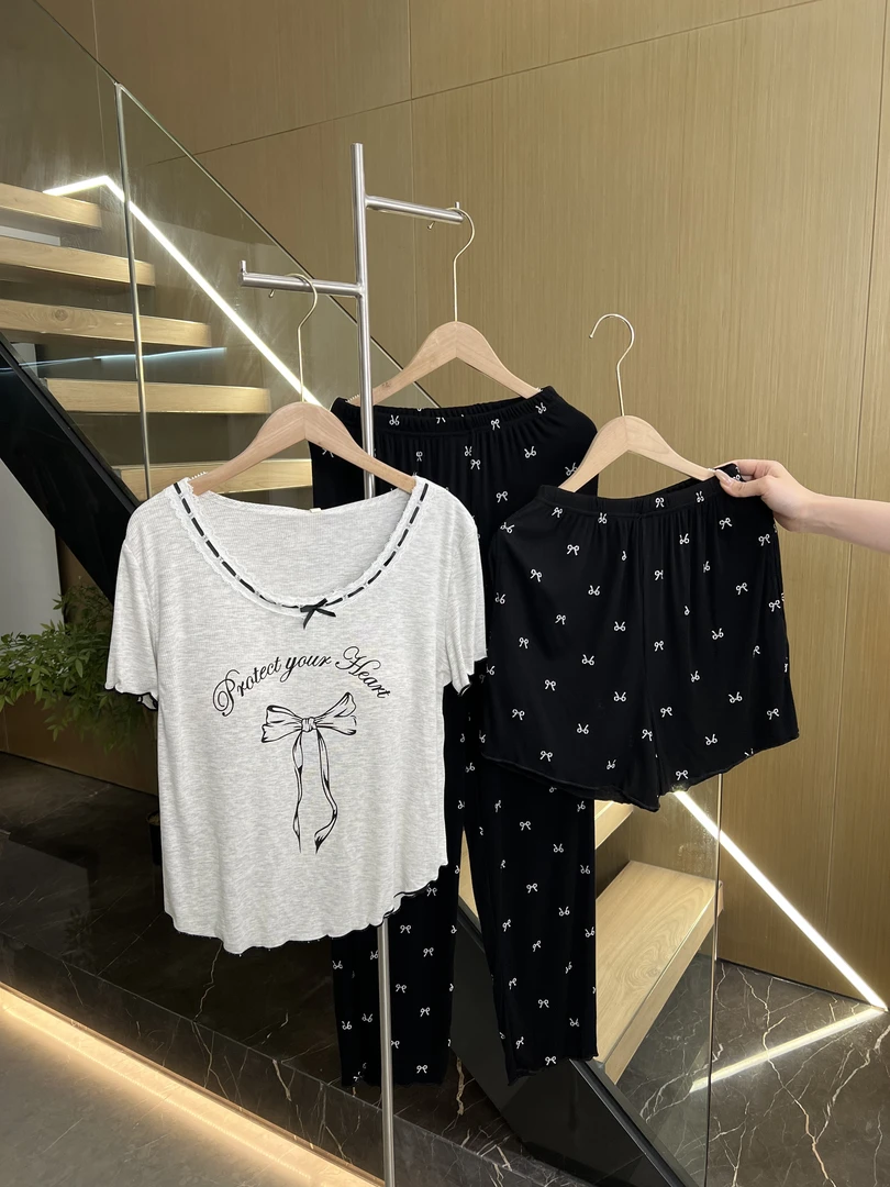 带胸垫2025新款夏季女士莫代尔蝴蝶结短袖长裤短裤睡衣
