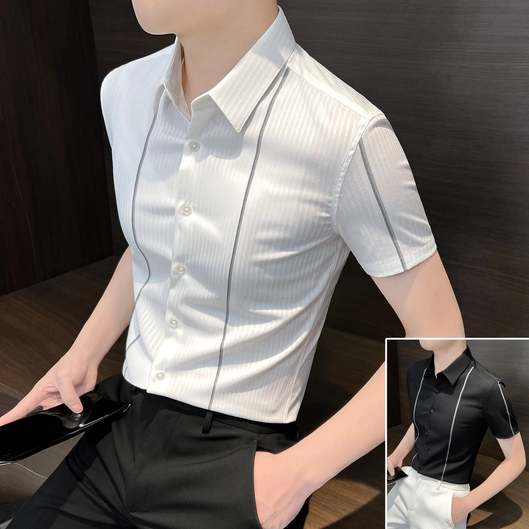 冰丝衬衫短袖男款爆款2025新款高级感男装商务休闲双条纹男士衬衣