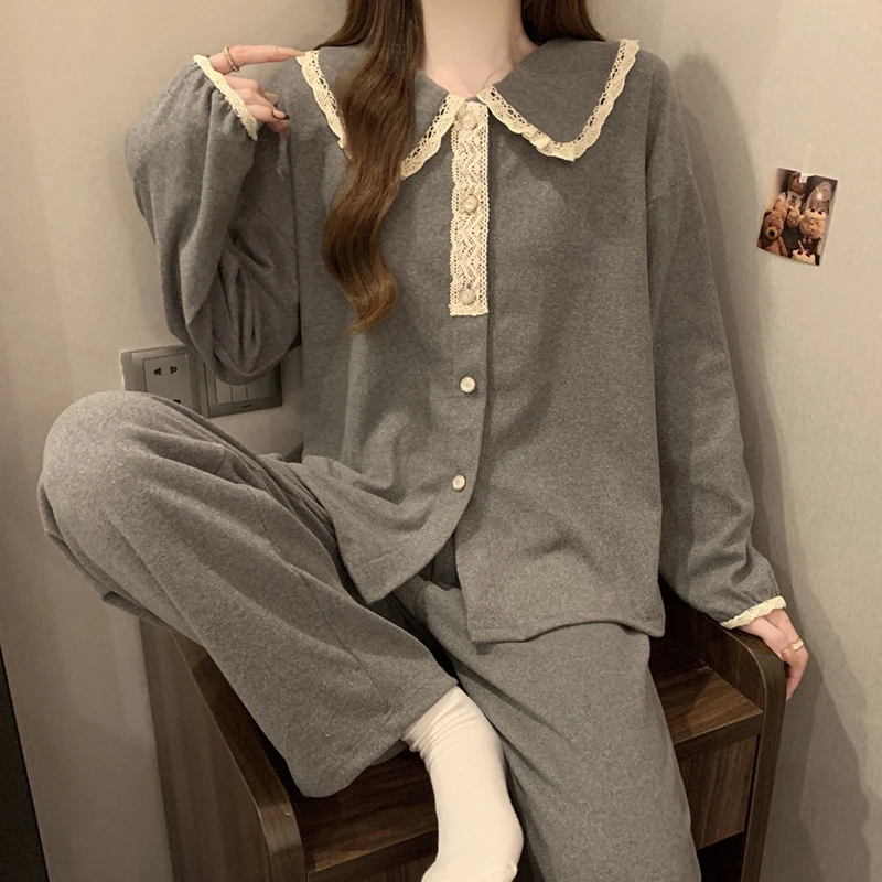 德绒睡衣女款冬季薄绒韩系简约风长袖开衫套装春秋款可外穿家居服