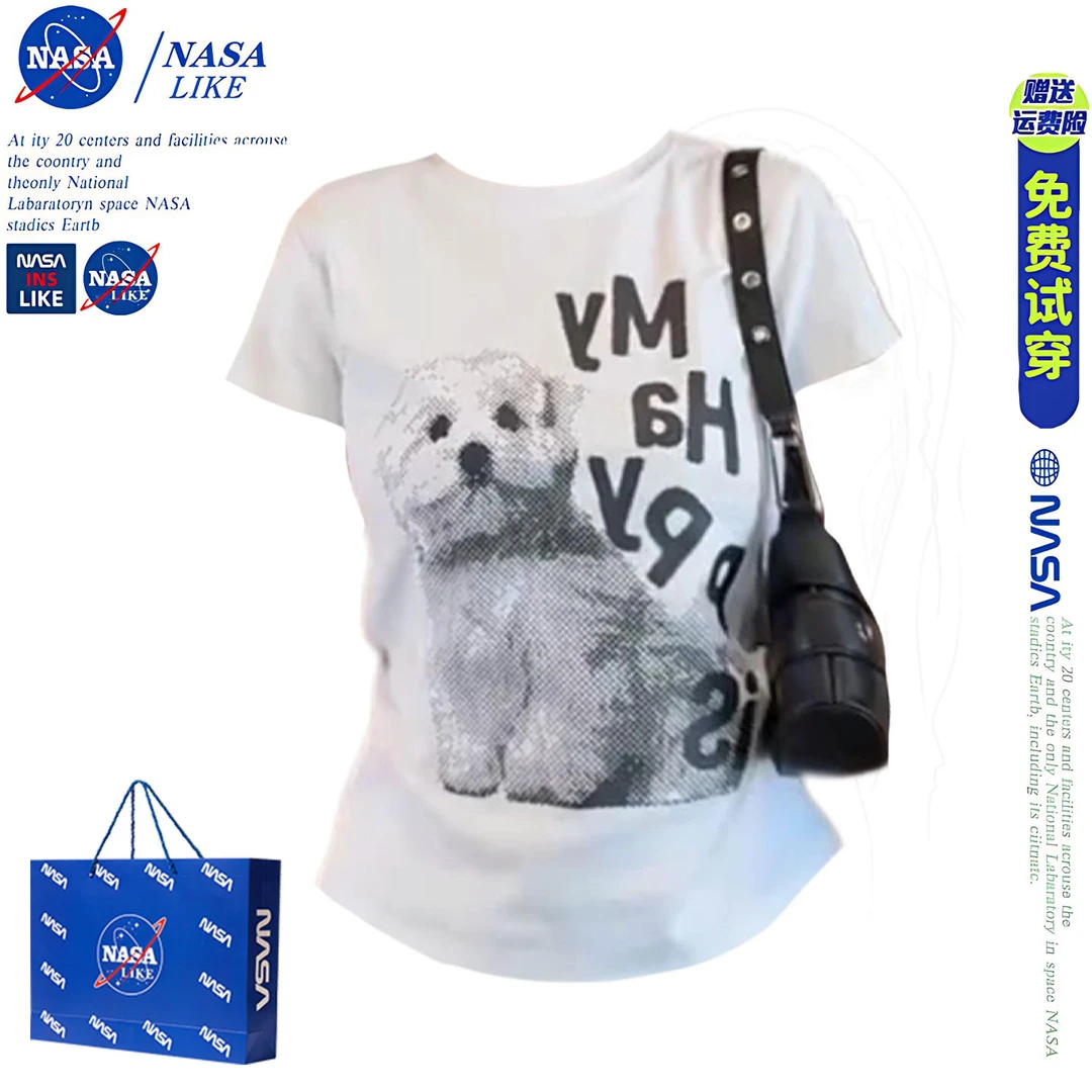 NASA美式复古小狗印花收腰修身显瘦短袖t恤女夏季辣妹正肩上衣潮