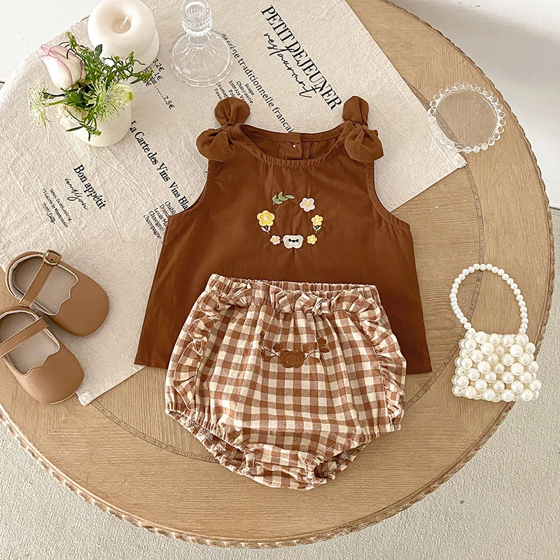 女童套装卡通可爱2025夏季新款女宝宝蝴蝶结背心+包屁裤两件套