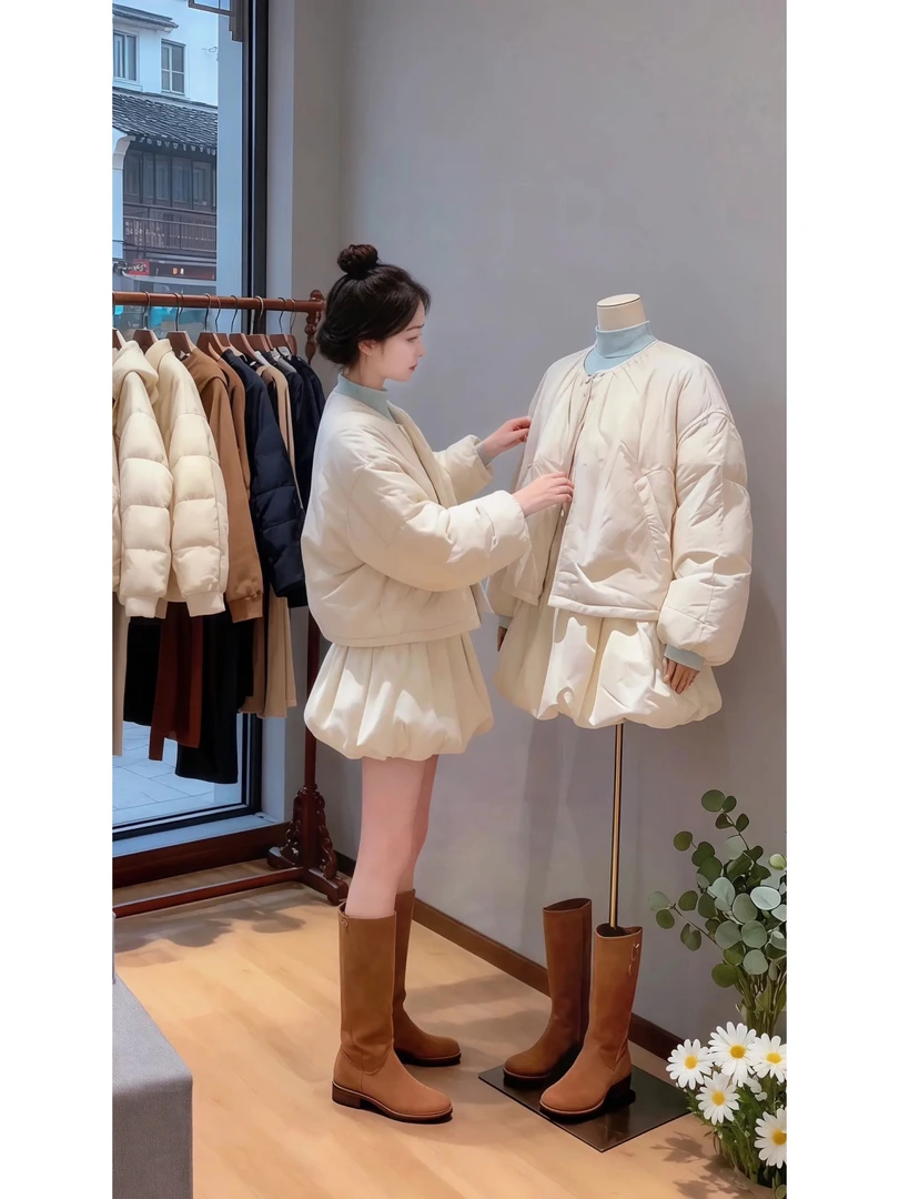 2025年冬季新款圆领保暖棉服夹克外套蓬蓬花苞半身裙两件套装女