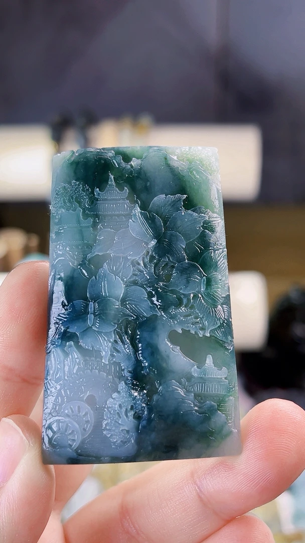 【藏盛好物】天然缅甸翡翠蓝水山水毛货买断需抛光尺寸60-35-8.7