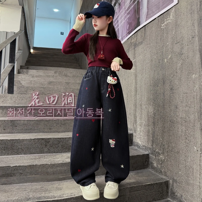 韩国花田涧女童秋冬宽松高腰加绒加厚刺绣爱心kt猫加绒牛仔裤休闲