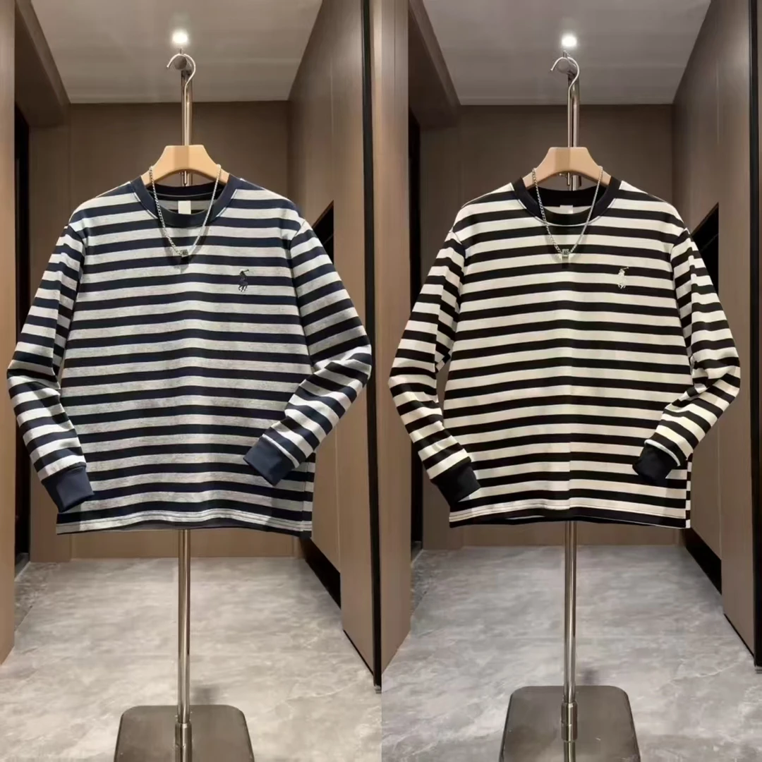 秋季潮牌条纹长袖男士刺绣设计师款痞帅时尚休闲男士圆领上衣情侣