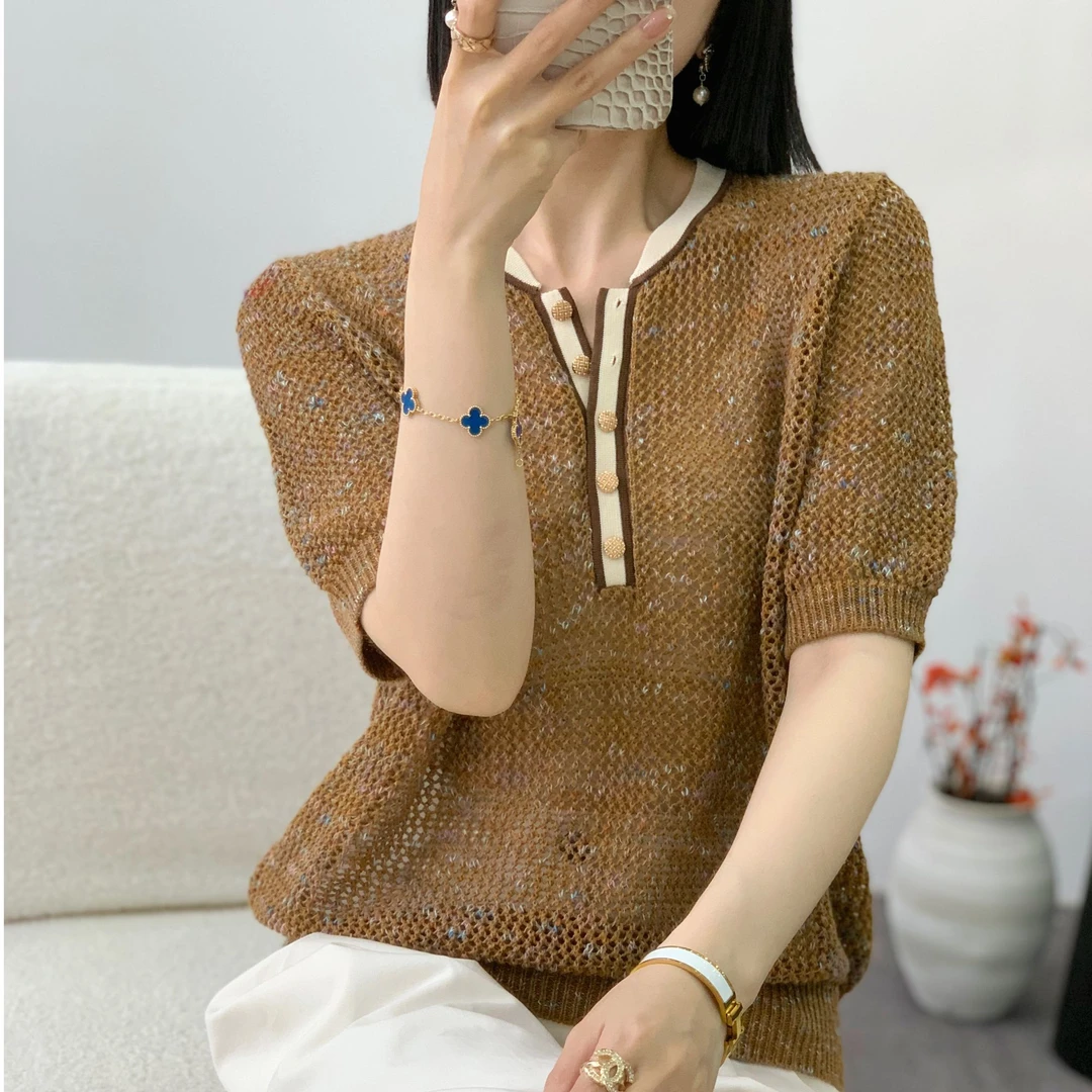 2025韩版气质时尚圆领花纱镂空高级百搭针织衫A168#