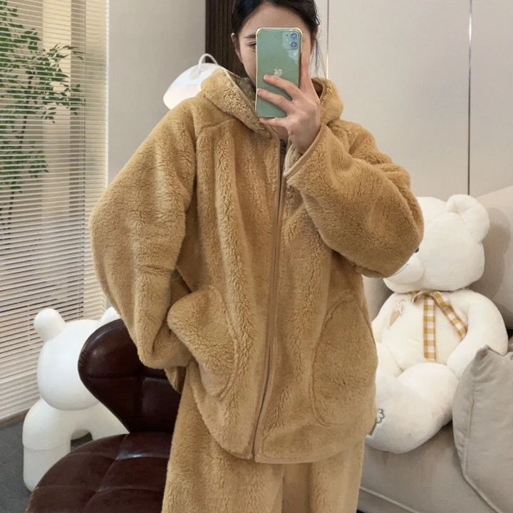 睡衣女加绒北羔绒秋冬季套装连帽加厚可外穿家居服纯色爆款法兰绒